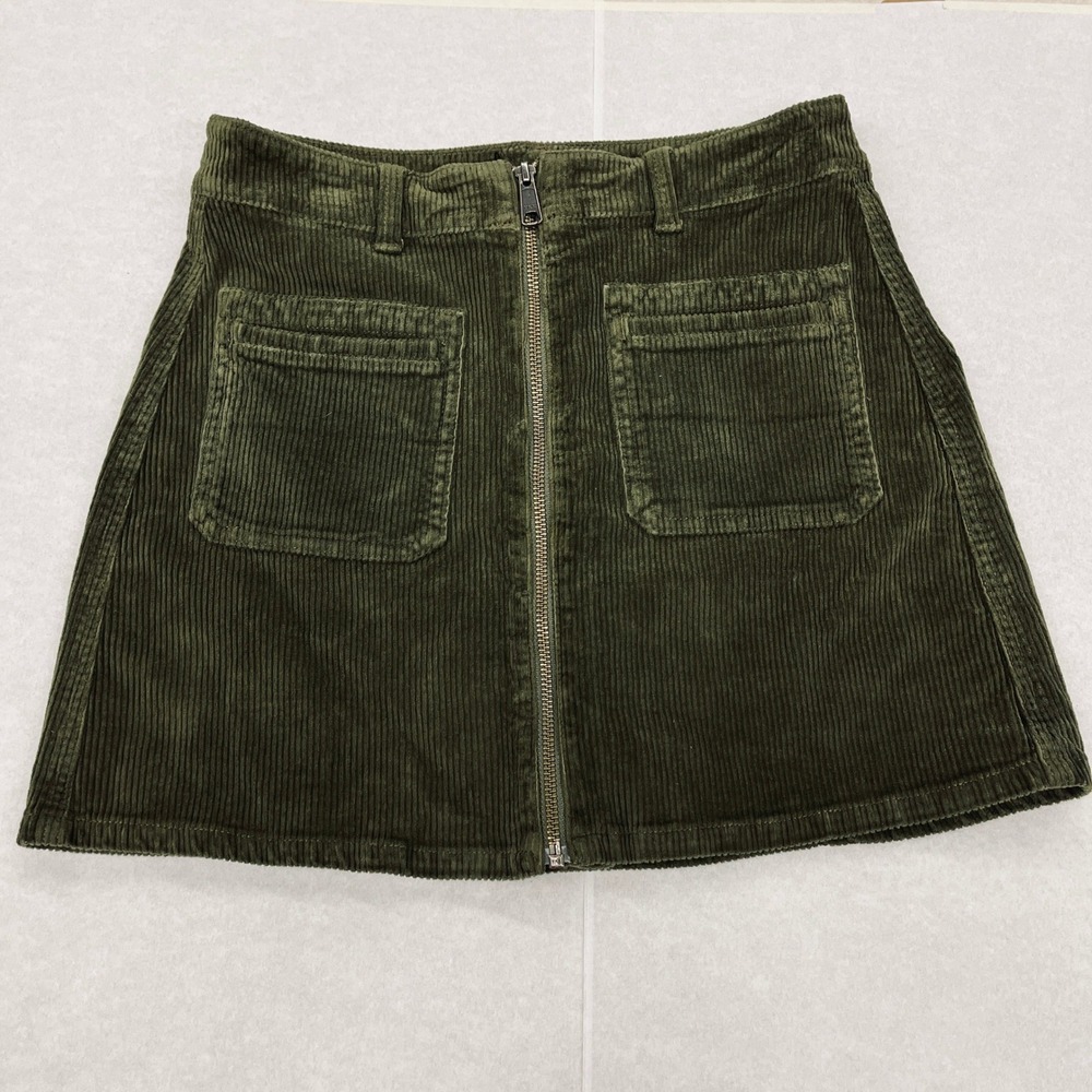 American Eagle Olive Green Corduroy Hi-Rise A-Line Zip Front Mini Skirt Size 2 - Picture 2 of 9
